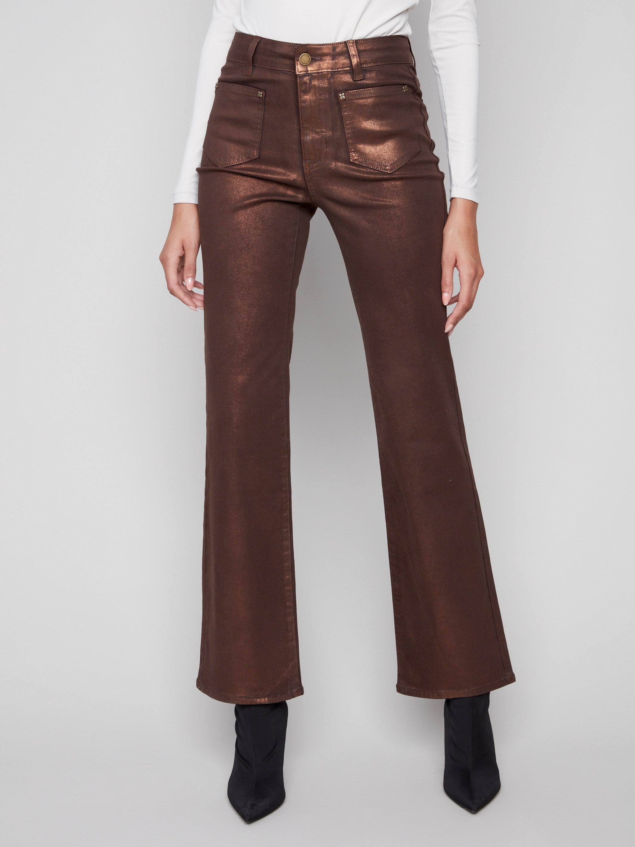 Elegant bronze pants with special rivet details and comfortable stretch twill fabric for versatility by Charlie B.