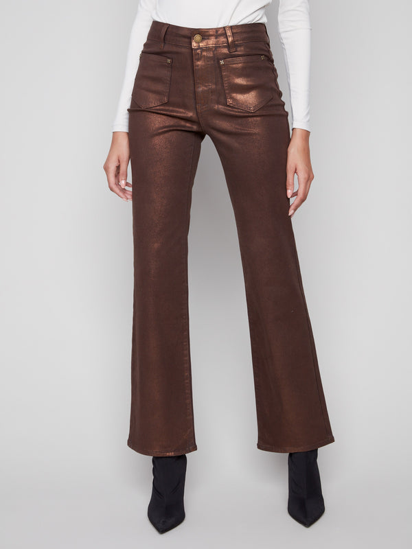 Elegant bronze pants with special rivet details and comfortable stretch twill fabric for versatility by Charlie B.