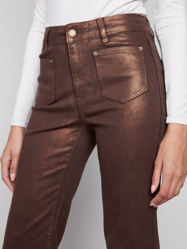 Stylish long-length bronze pants with front patch pockets, perfect for elevating any outfit by Charlie B.
