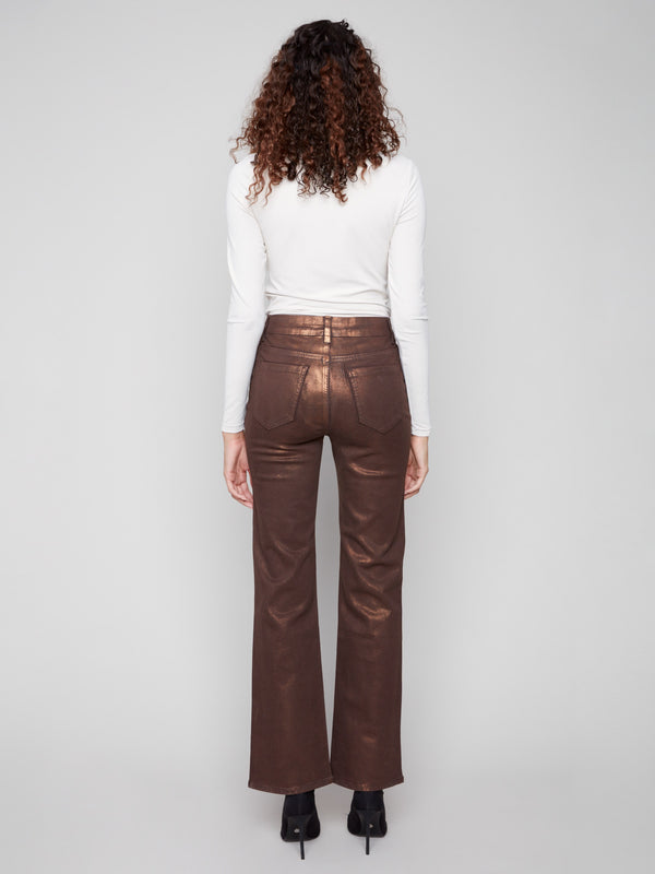 Patch Pocket Flare Metallic Twill Pants With Rivets - Bronze