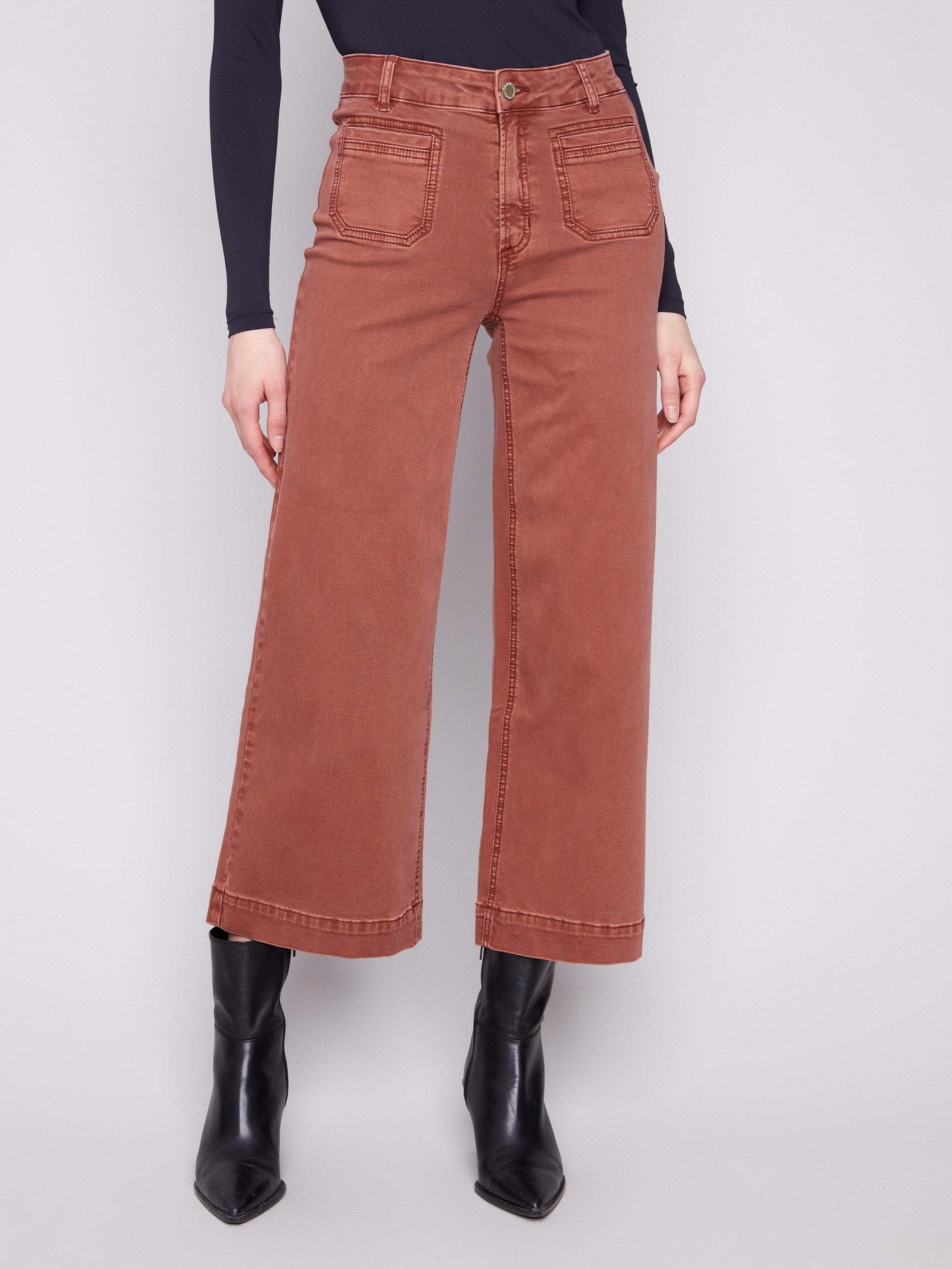 Cropped length pants in sepia with practical front patch pockets by Charlie B.