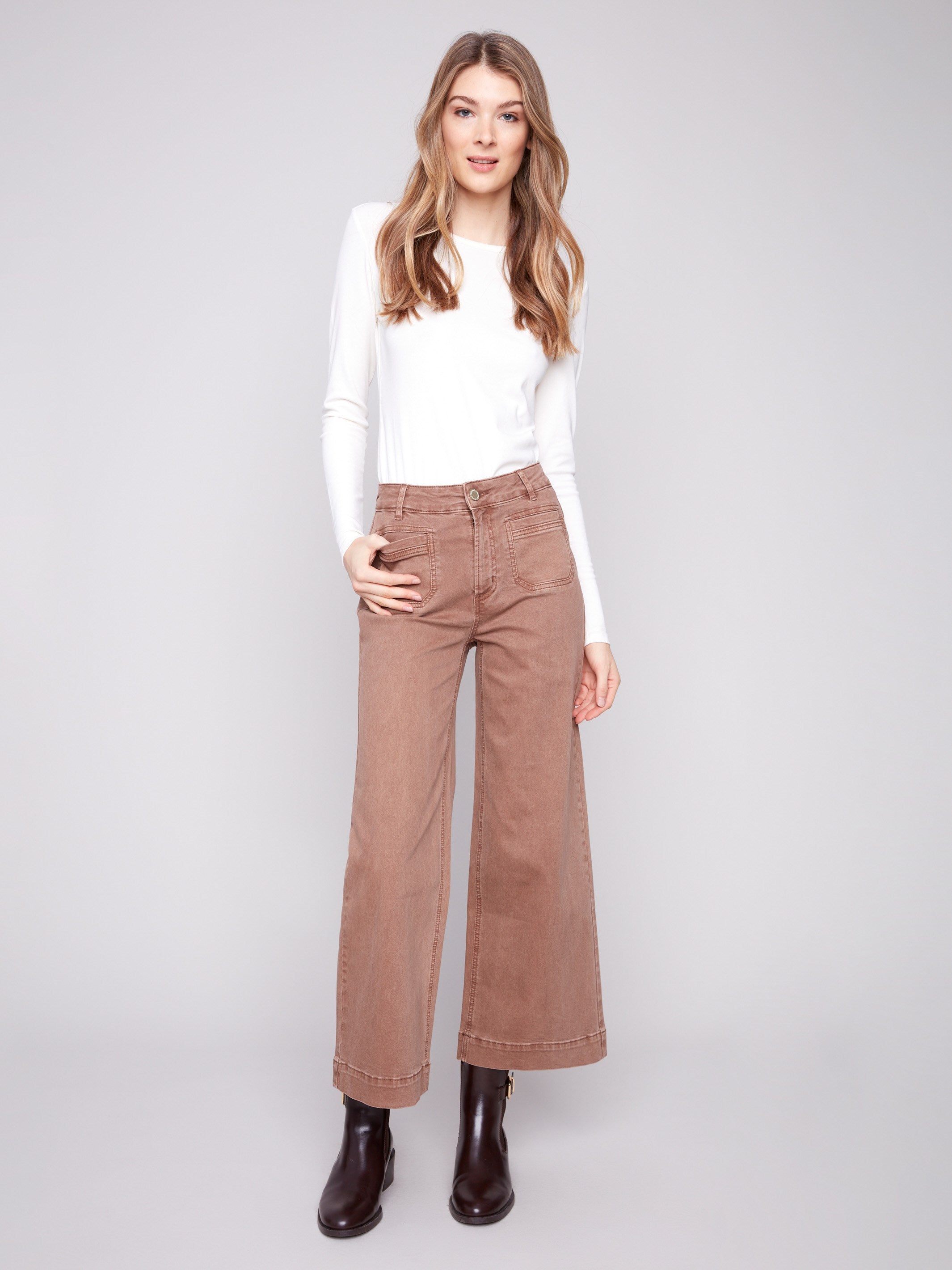 Truffle-colored pants featuring a cropped length and stylish patch pockets, crafted in stretch twill fabric by Charlie B.