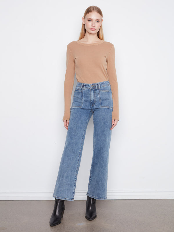 Patch Pocket Wide Leg Jeans - Medium Blue