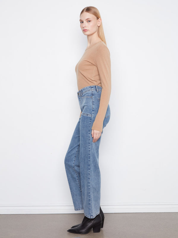 Patch Pocket Wide Leg Jeans - Medium Blue