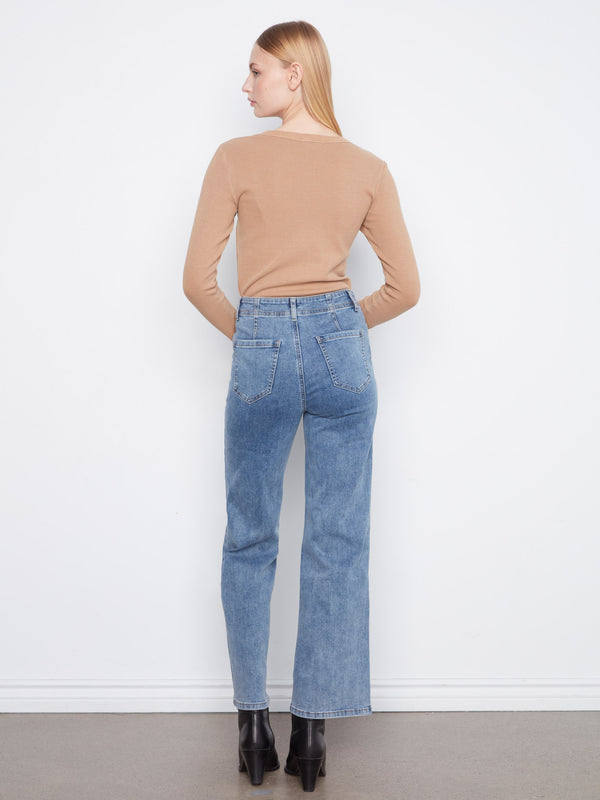 Patch Pocket Wide Leg Jeans - Medium Blue