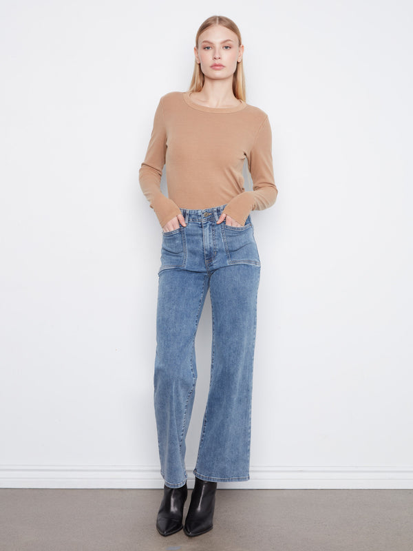 Patch Pocket Wide Leg Jeans - Medium Blue