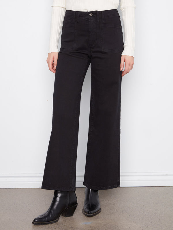 Patch Pocket Wide Leg Twill Pants - Black