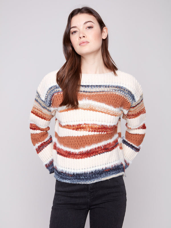 Sepia-toned striped sweater featuring a crew neckline with ribbed texture, perfect for cozy autumn wear by Charlie B.