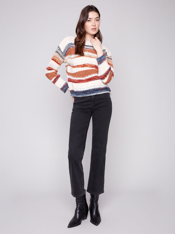 Patchwork Knit Drop Shoulder Sweater - Sepia