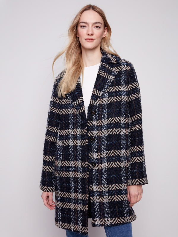 Stylish navy plaid boucle coat with button front closure for a classic look by Charlie B.