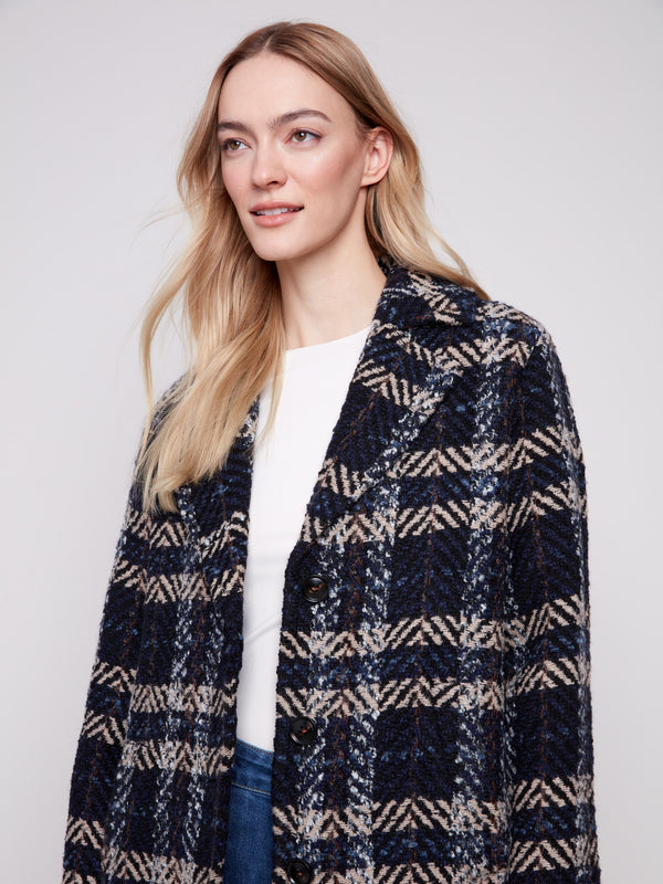 Chic navy plaid boucle coat, fully lined for added comfort and warmth by Charlie B.