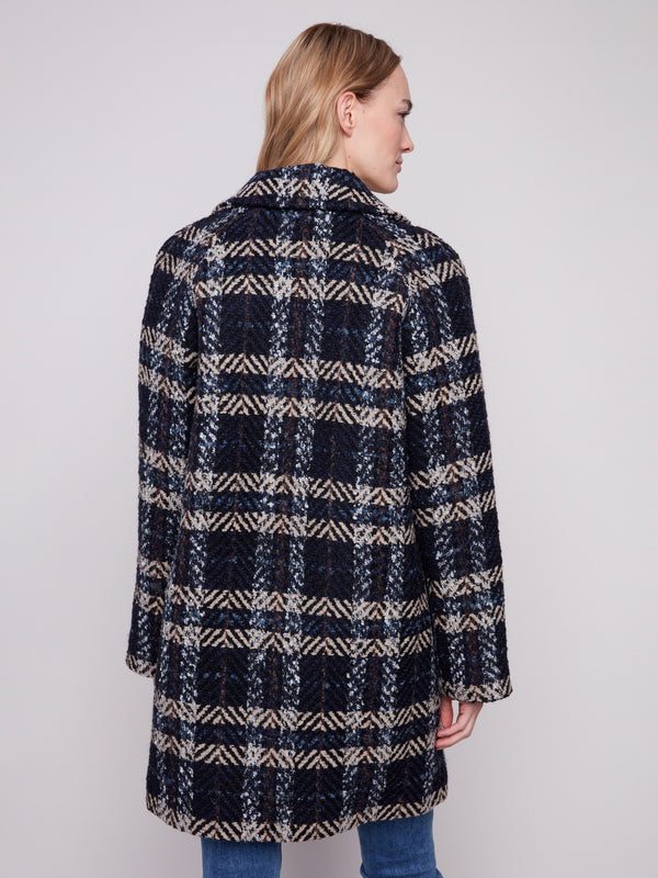 Elegant navy plaid boucle coat with practical welt pockets for functionality by Charlie B.