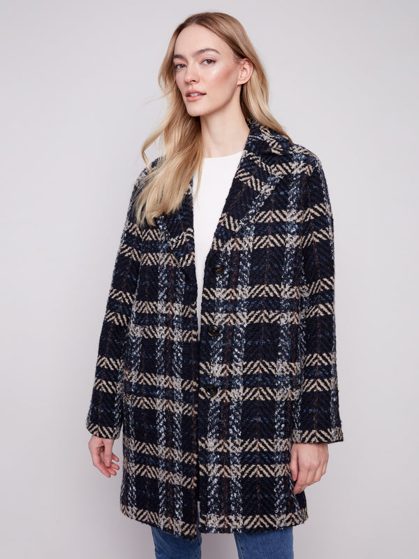 Sophisticated navy plaid boucle coat in a versatile style, perfect for any occasion by Charlie B.