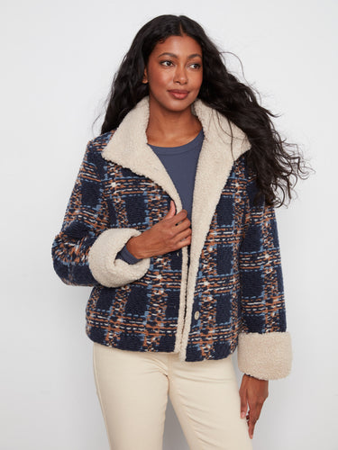 Chic navy plaid jacket with luxurious sherpa trim and convenient slash pockets by Charlie B.