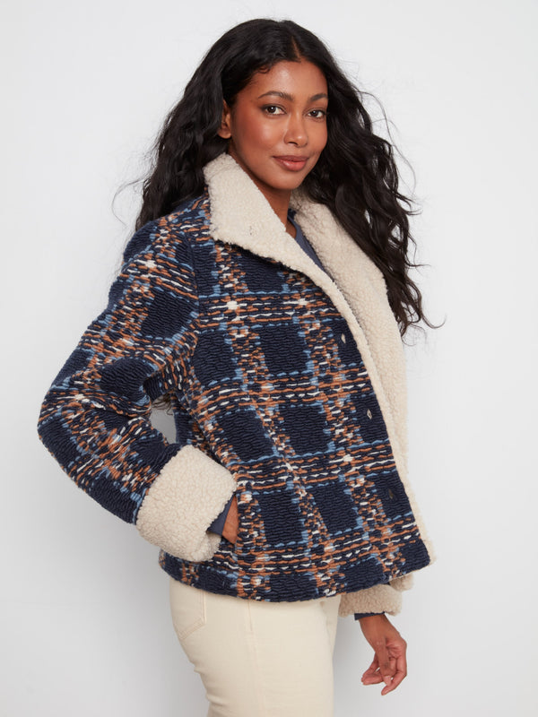 Plaid Bouclé Jacket With Sherpa Trim - Navy