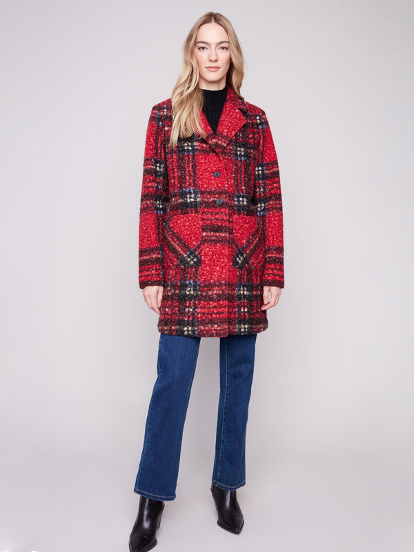 Cranberry plaid boucle knit coat with a chic tailored collar, complete with stylish patch pockets by Charlie B.