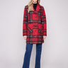 Cranberry plaid boucle knit coat with a chic tailored collar, complete with stylish patch pockets by Charlie B.