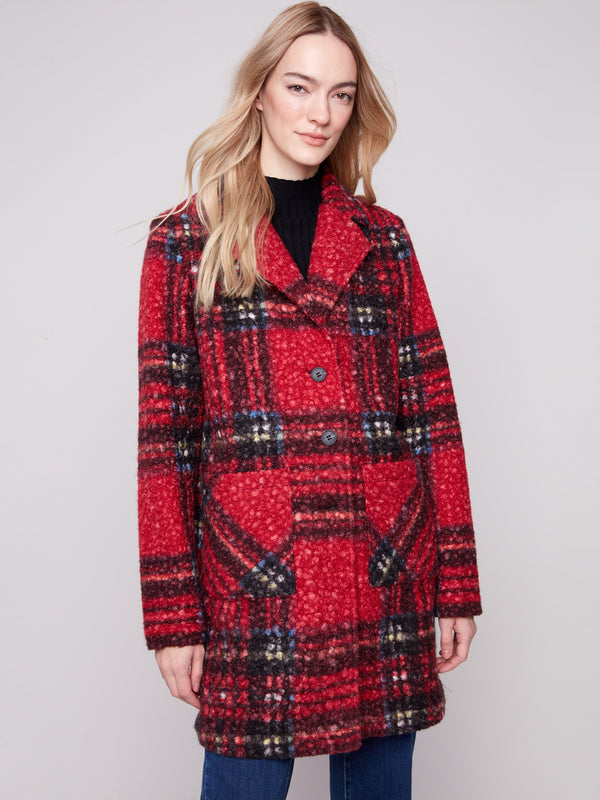 Elegant cranberry plaid coat featuring a button front closure and tailored collar for a sophisticated look by Charlie B.