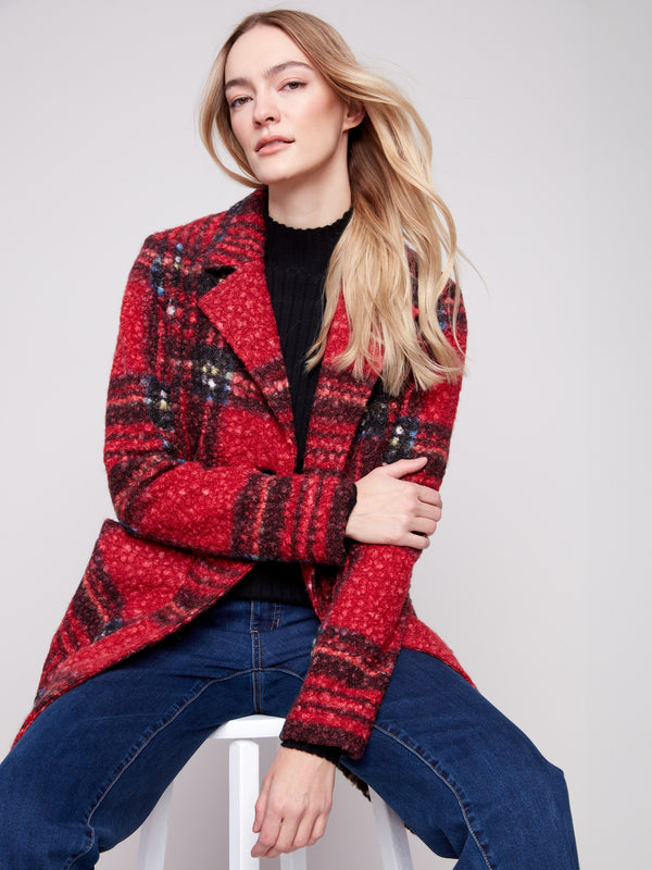 Chic cranberry plaid coat showcasing a button front design and cozy boucle knit texture by Charlie B.