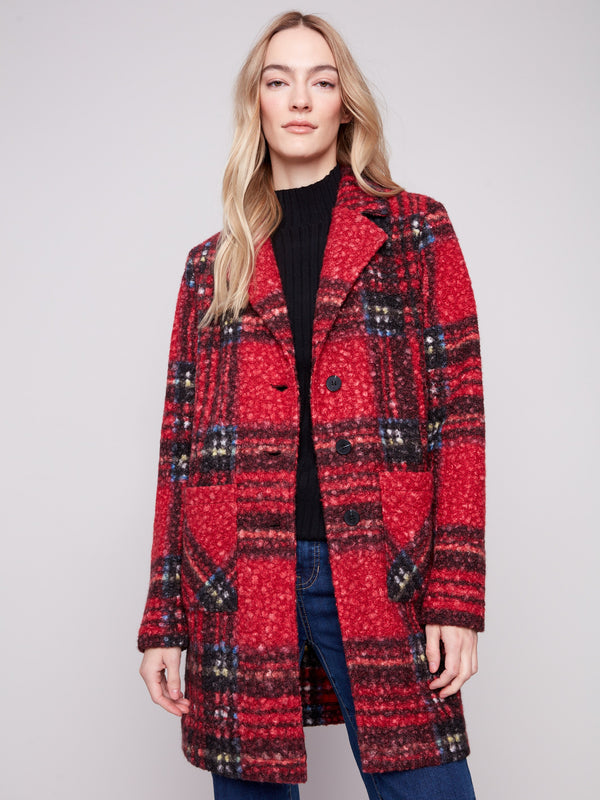 Stylish cranberry plaid coat with tailored collar, offering both elegance and warmth for any occasion by Charlie B.