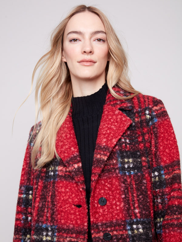 Elegant cranberry plaid boucle knit coat featuring roomy patch pockets for added convenience by Charlie B.