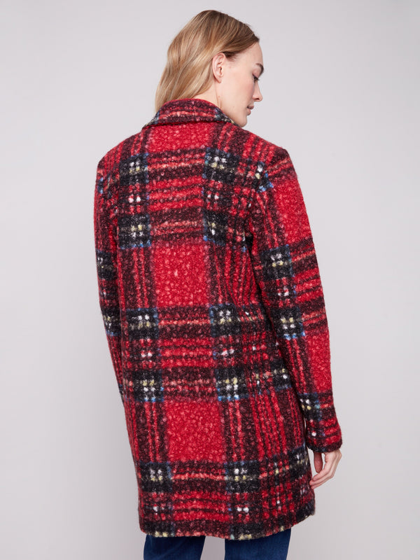 Plaid Bouclé Knit Coat - Cranberry