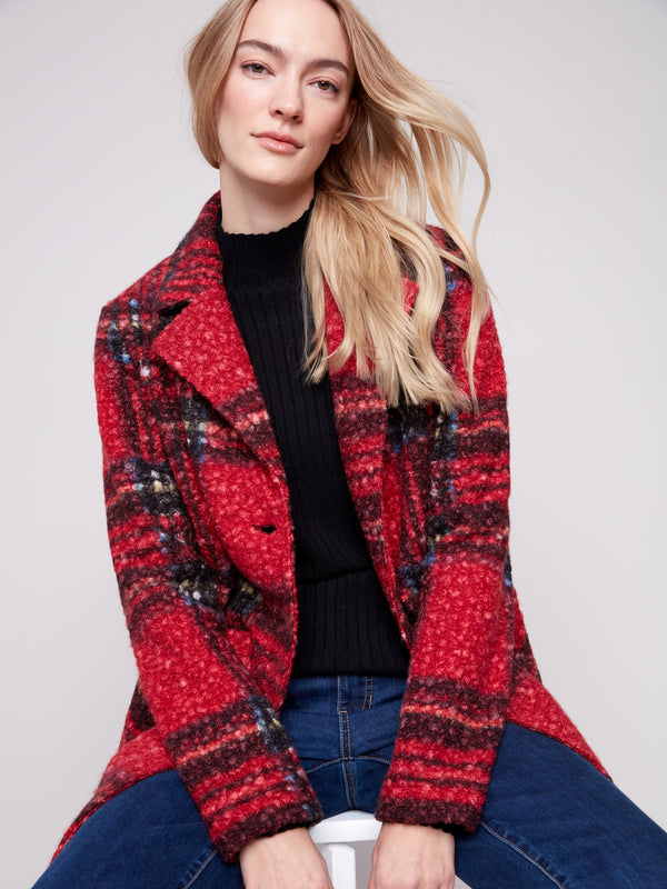 Plaid Bouclé Knit Coat - Cranberry