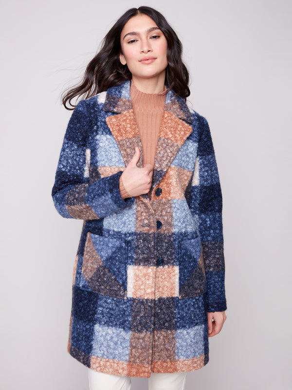 Chic moonlight plaid boucle knit coat with a secure button front closure, perfect for any occasion by Charlie B.