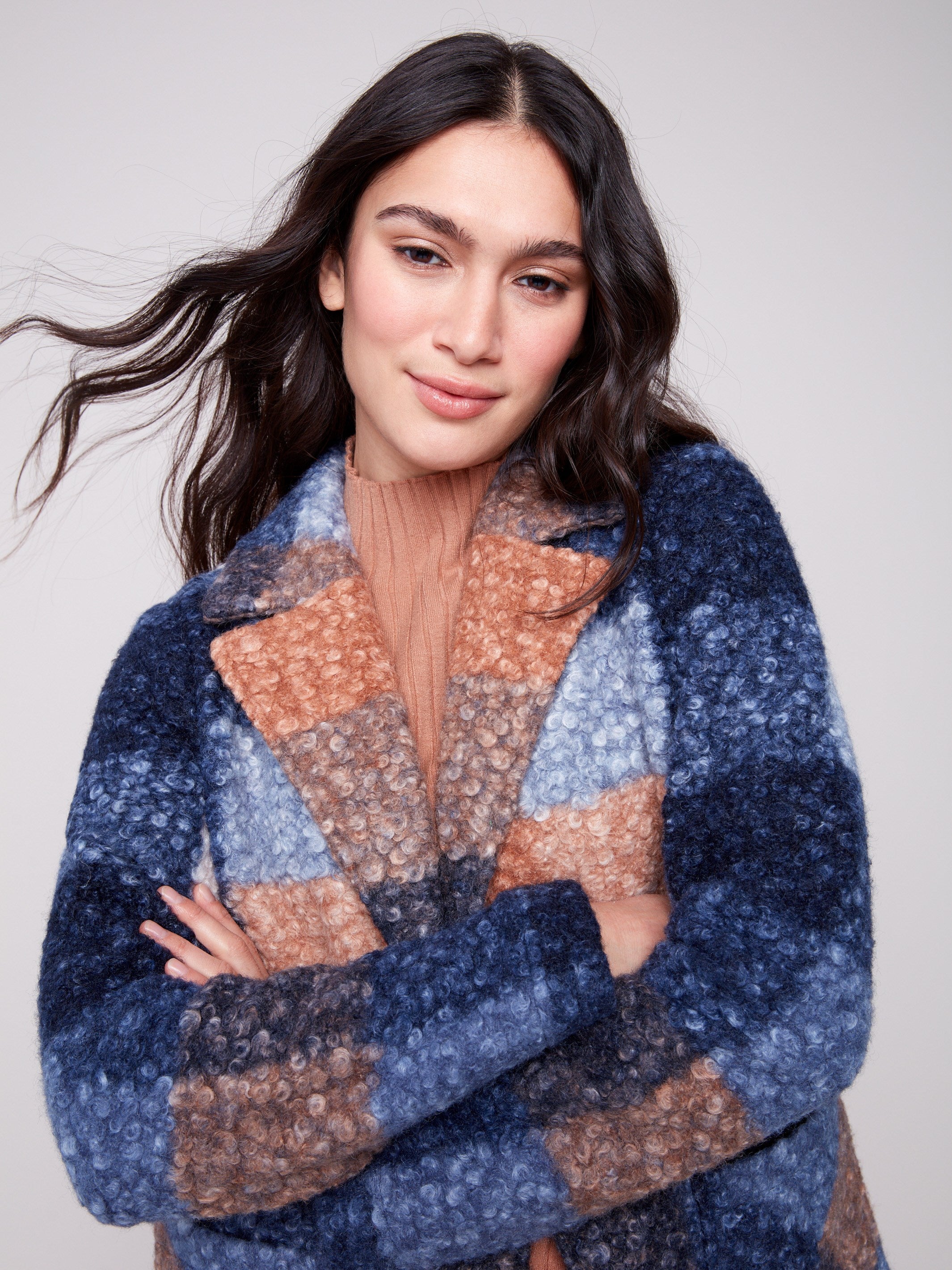 Stylish moonlight plaid boucle knit coat with convenient patch pockets for added functionality by Charlie B.