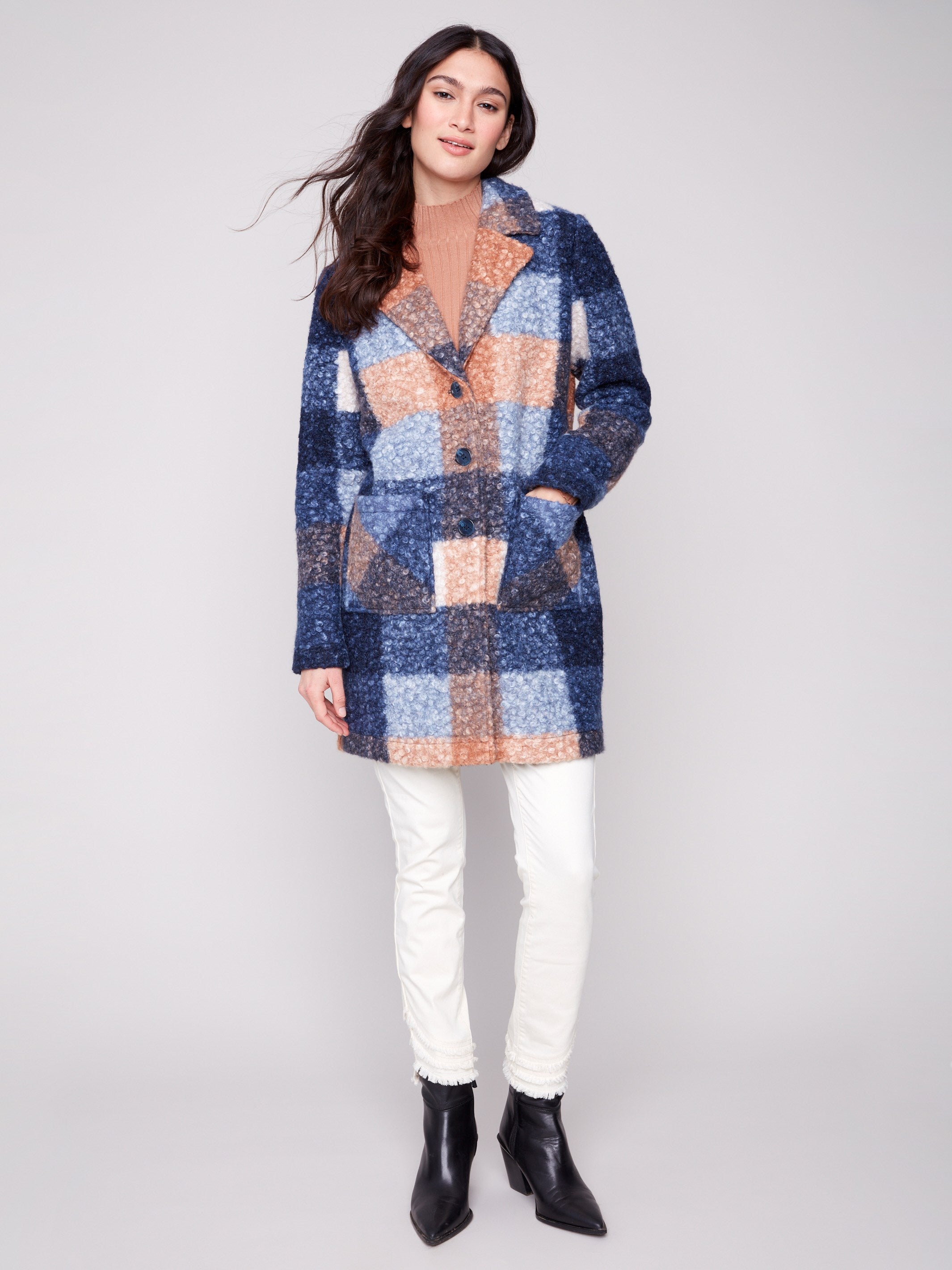 Elegant moonlight plaid boucle knit coat showcasing an exquisite tailored collar design by Charlie B.