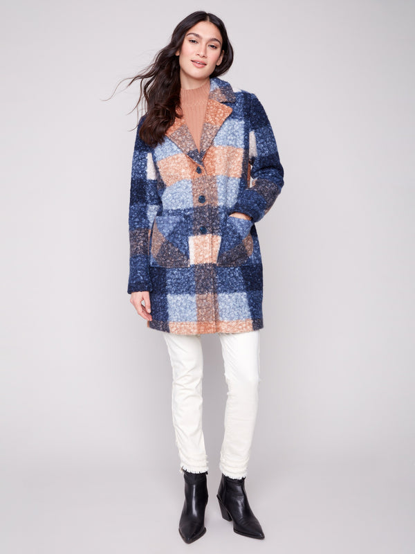 Elegant moonlight plaid boucle knit coat showcasing an exquisite tailored collar design by Charlie B.