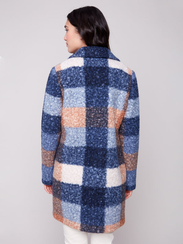 Fashionable moonlight plaid boucle knit coat with classic button front closure for versatile wear by Charlie B.
