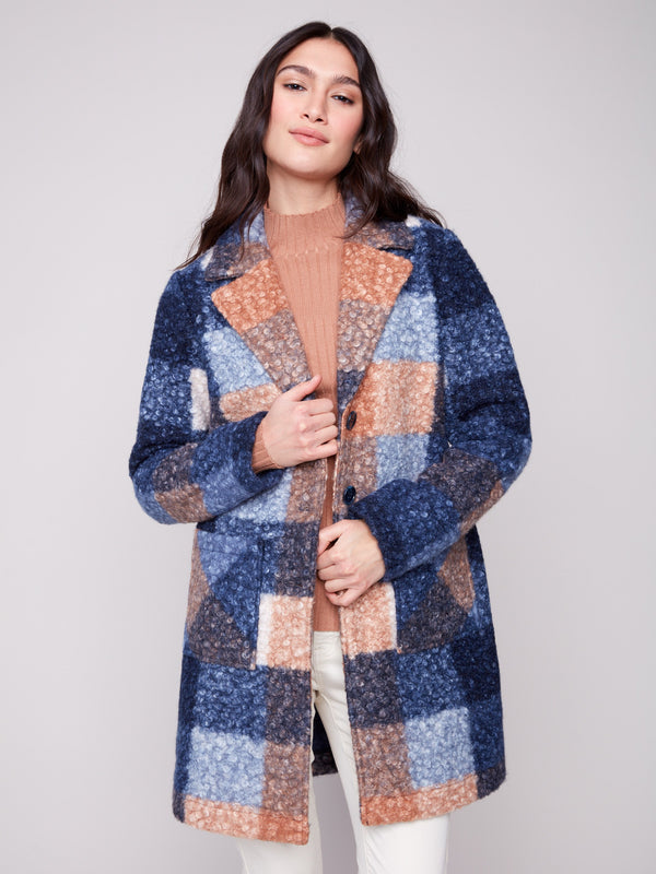 Cozy moonlight plaid boucle knit coat offering spacious patch pockets to keep essentials handy by Charlie B.