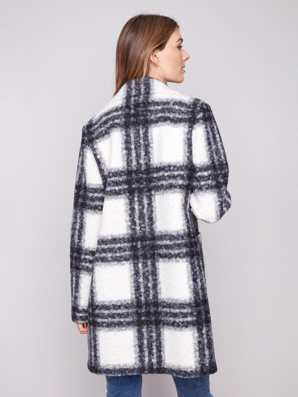 Plaid boucle knit coat designed with convenient button-front closure, ideal for effortless elegance by Charlie B.