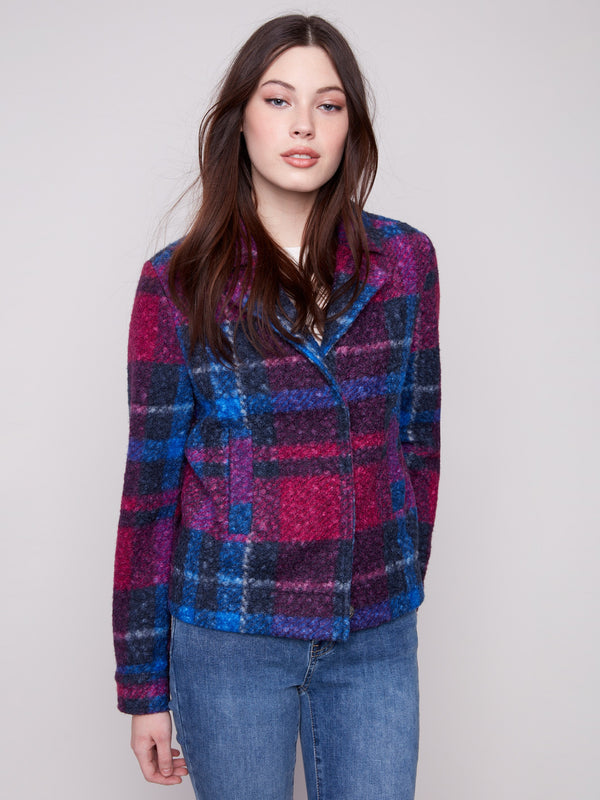 Plaid boucle knit short coat in navy and magenta with hidden snaps closure, adding a sleek finish by Charlie B.
