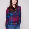 Plaid boucle knit short coat in navy and magenta with hidden snaps closure, adding a sleek finish by Charlie B.