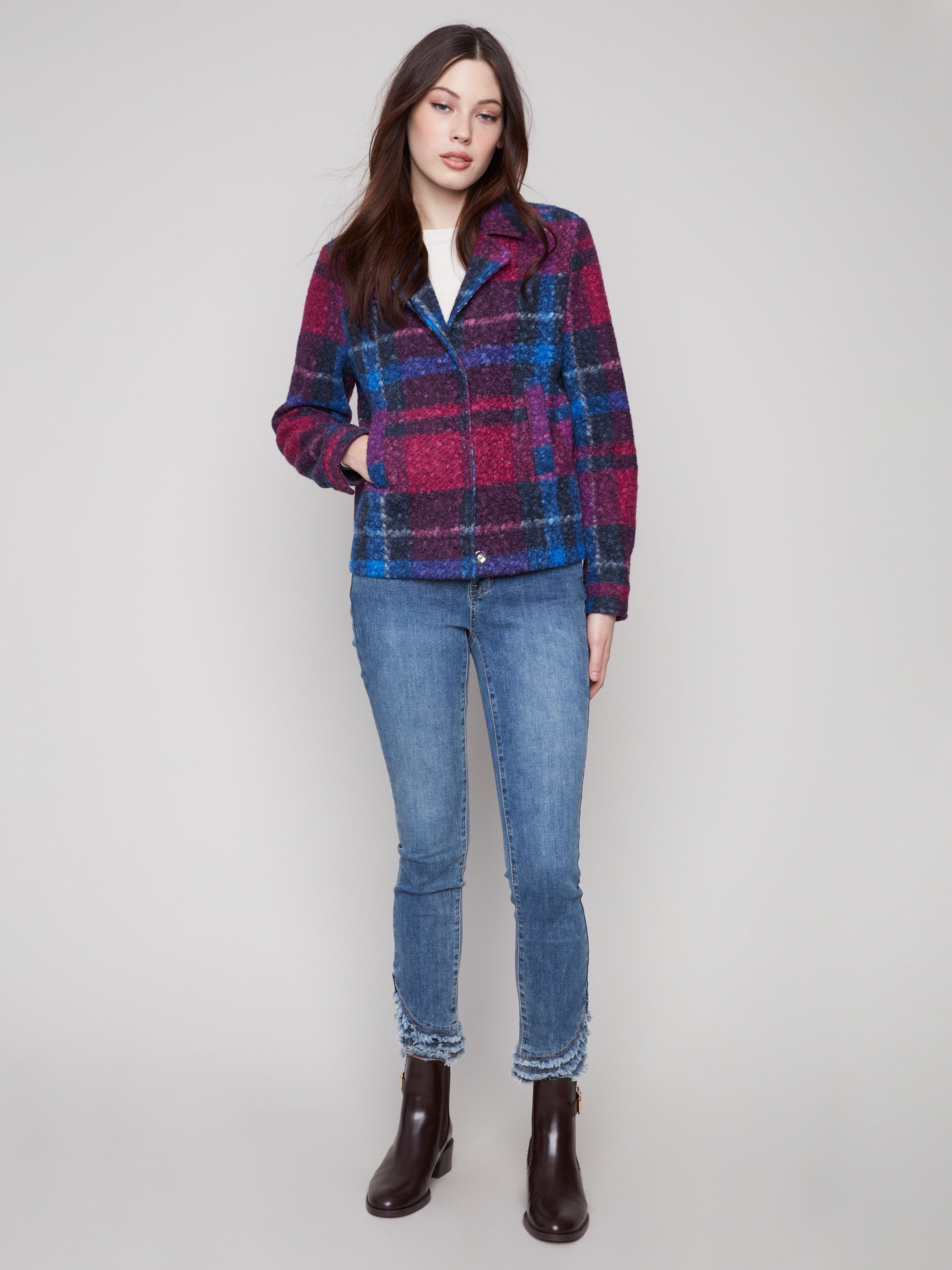 Stylish plaid coat featuring a notch lapel collar in vibrant navy and magenta tones by Charlie B.