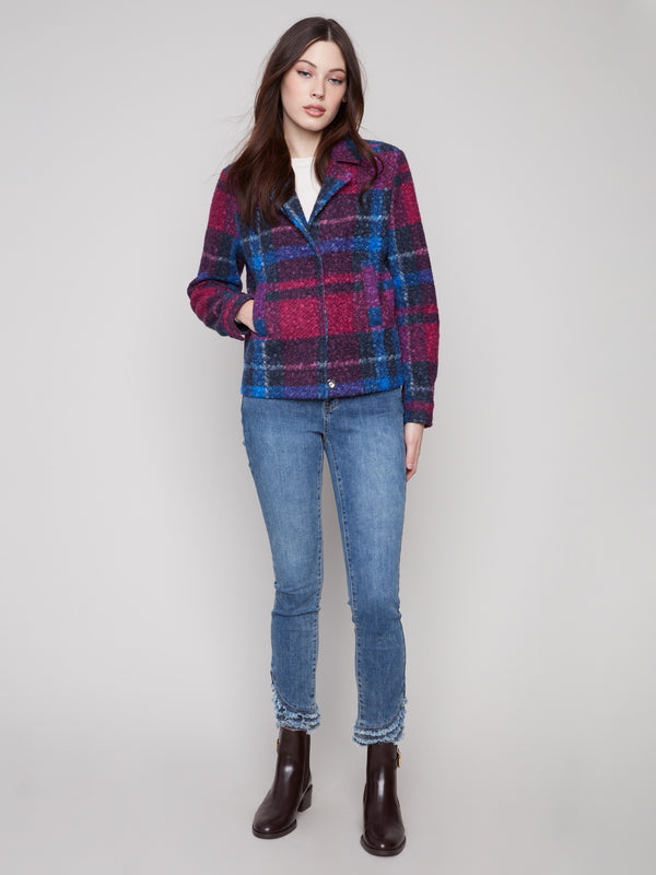 Stylish plaid coat featuring a notch lapel collar in vibrant navy and magenta tones by Charlie B.