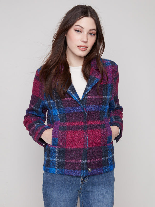 Plaid boucle knit coat with practical welt pockets, ideal for everyday wear by Charlie B.