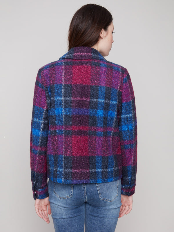 Elegant boucle knit fabric in navy and magenta plaid design, perfect for layering by Charlie B.