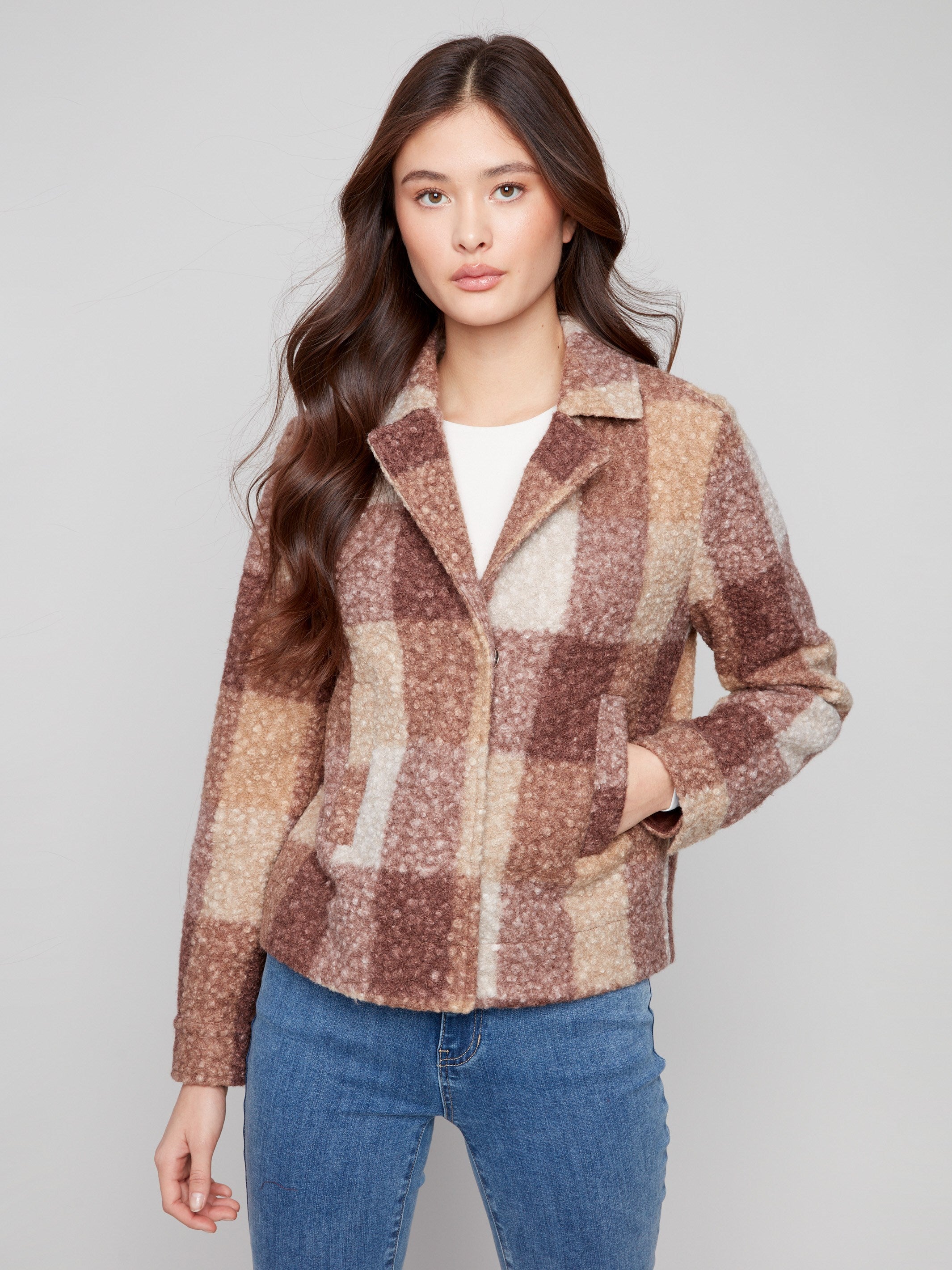 Mocha plaid coat featuring a bouclé knit fabric and stylish hidden snaps, offering a chic look by Charlie B.