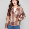 Mocha plaid coat featuring a bouclé knit fabric and stylish hidden snaps, offering a chic look by Charlie B.