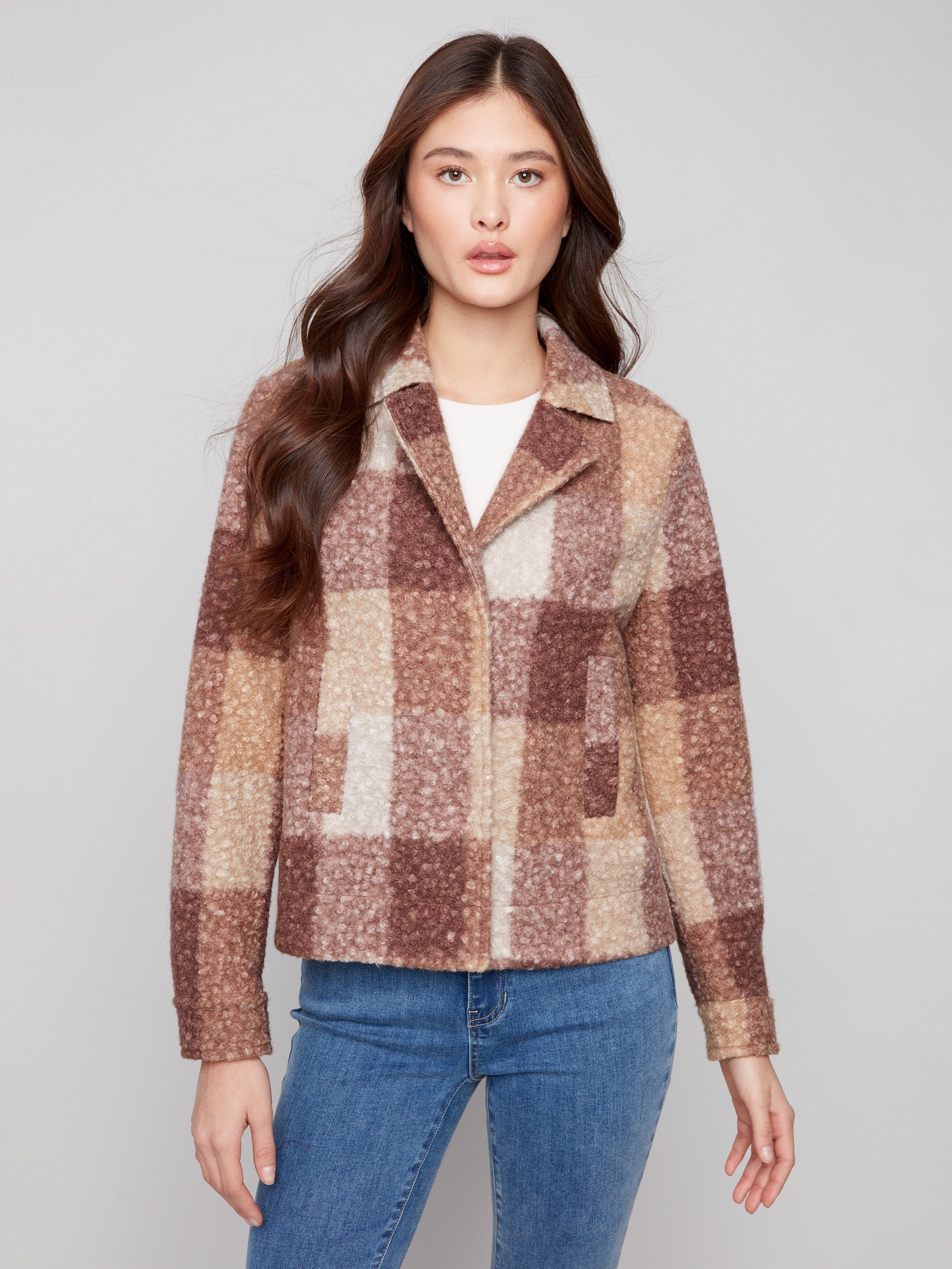 Elegant mocha plaid coat crafted with notch lapel collar, blending sophistication and warmth by Charlie B.