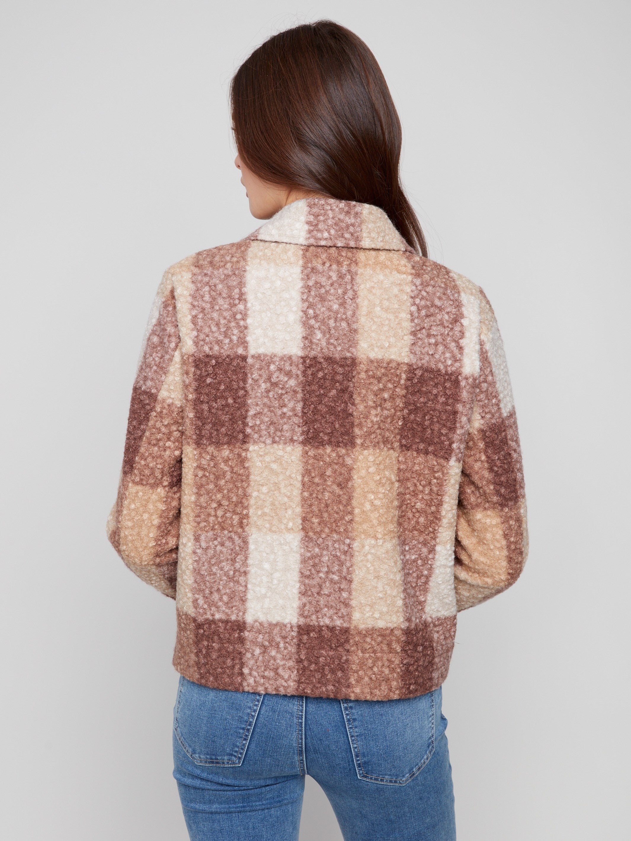 Chic mocha plaid boucle knit jacket with a cozy feel, perfect for layering in cooler weather by Charlie B.