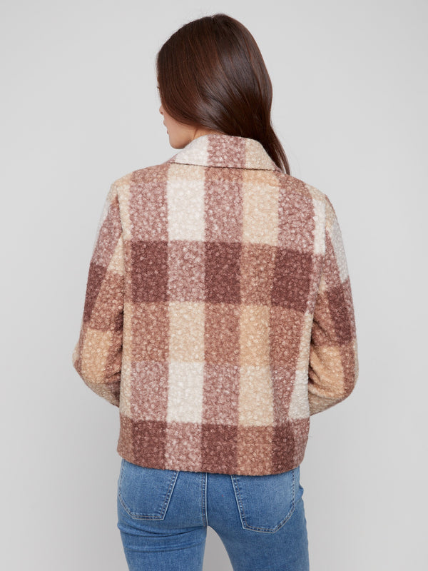 Chic mocha plaid boucle knit jacket with a cozy feel, perfect for layering in cooler weather by Charlie B.