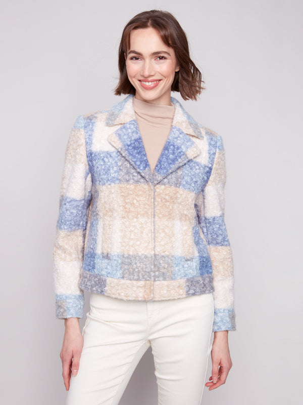 Plaid boucle knit short coat in blue and beige featuring a stylish notch lapel collar, perfect for a chic look by Charlie B.
