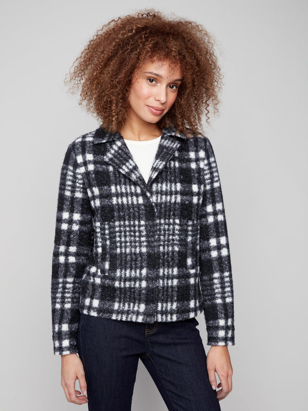Plaid boucle knit coat featuring welt pockets and a stylish design, perfect for any season by Charlie B.