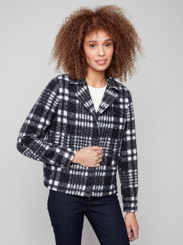 Sophisticated plaid coat crafted from soft boucle knit fabric, offering comfort and style by Charlie B.