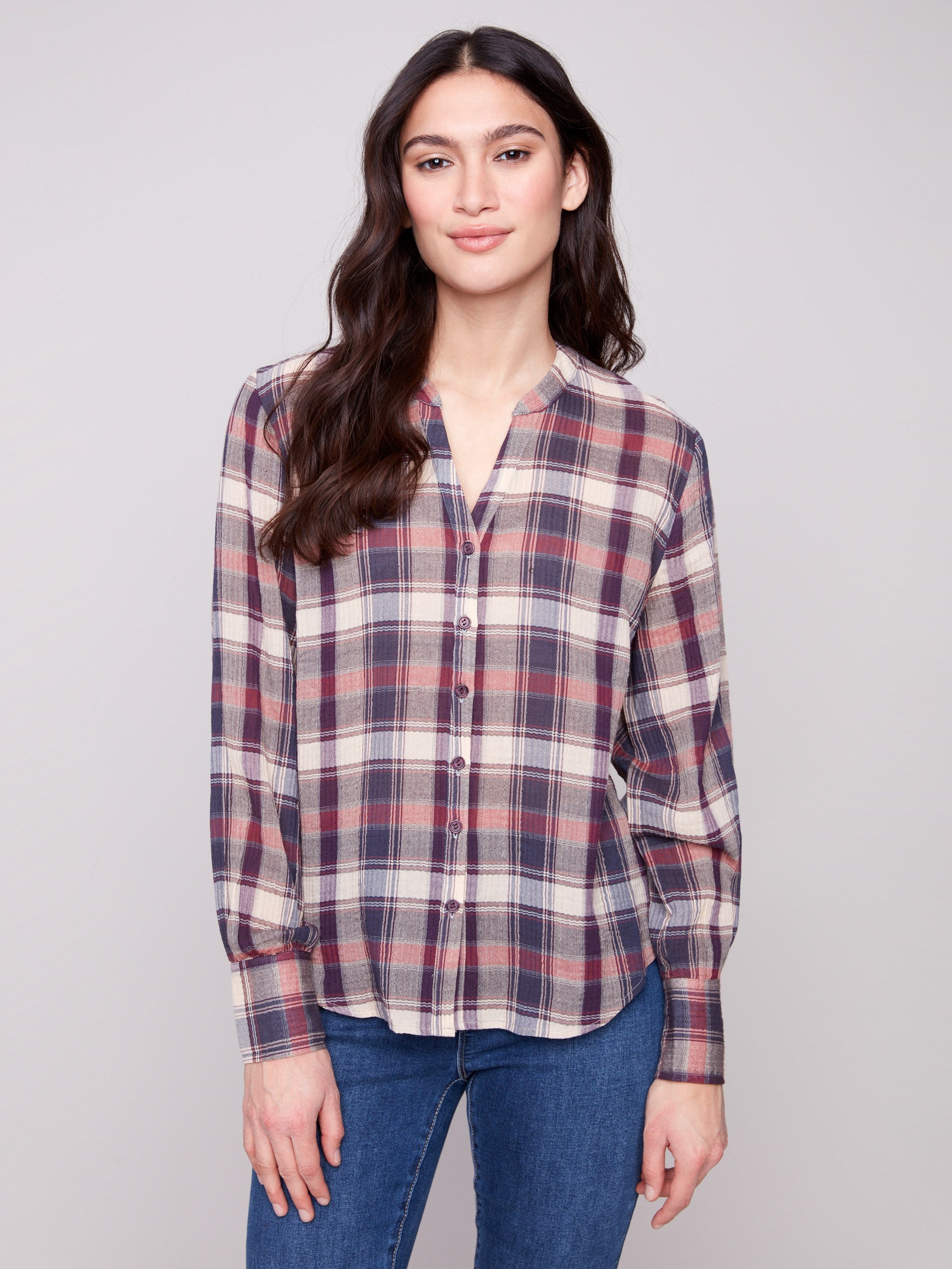 Berry plaid shirt featuring a stylish Mao collar and crafted from a soft cotton-blend fabric by Charlie B.