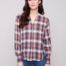 Berry plaid shirt featuring a stylish Mao collar and crafted from a soft cotton-blend fabric by Charlie B.